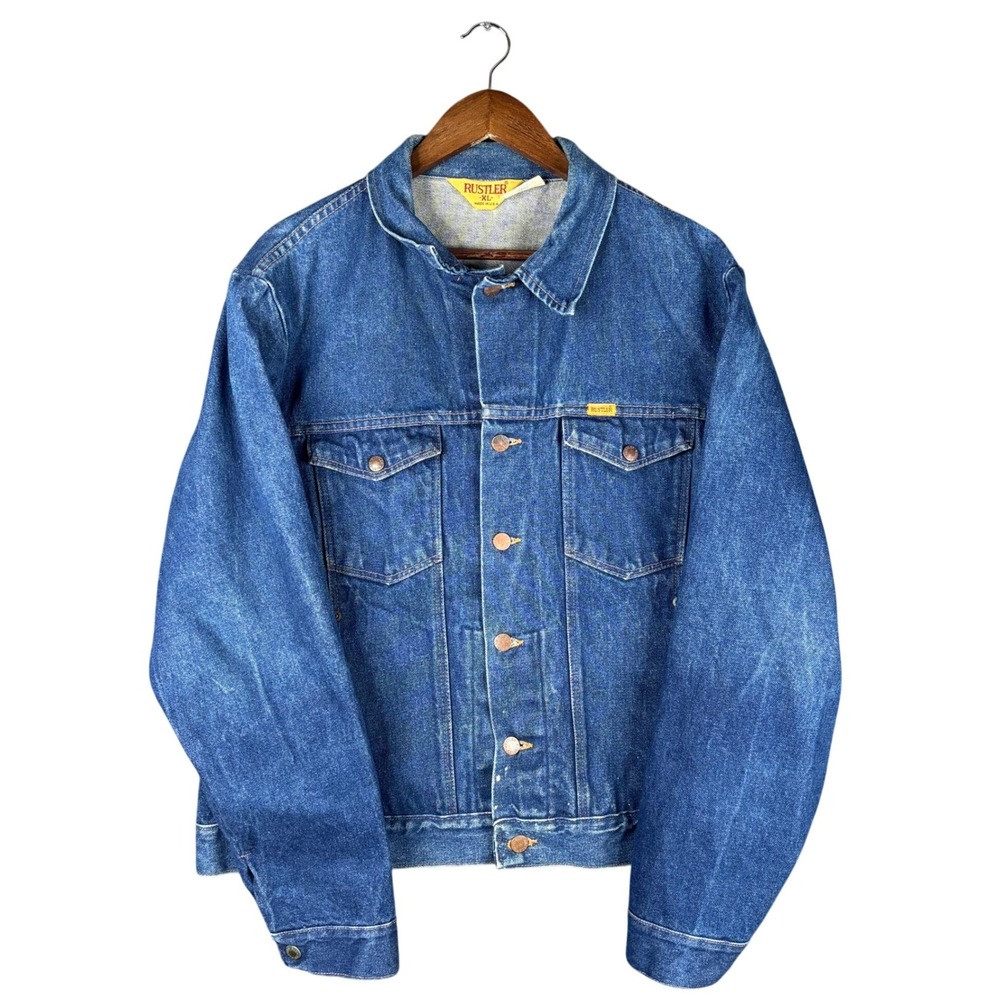 Vintage 80s Rustler Denim Trucker Jacket Mens XL Blue Made in USA Western Faded